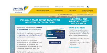 Co-pay Coupon Program page from VEMLIDY® (tenofovir alafenamide) patient site