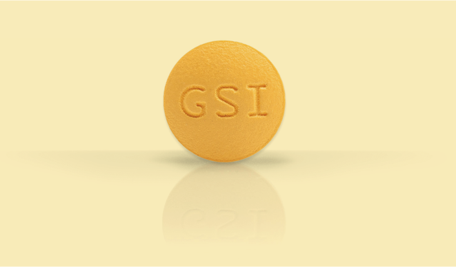 Enlarged illustration of a VEMLIDY pill, with G S I engraved on the surface